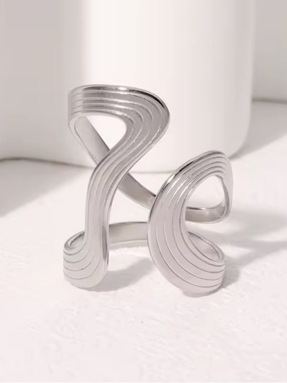Modern Silver Sculpted Wave Adjustable Ring